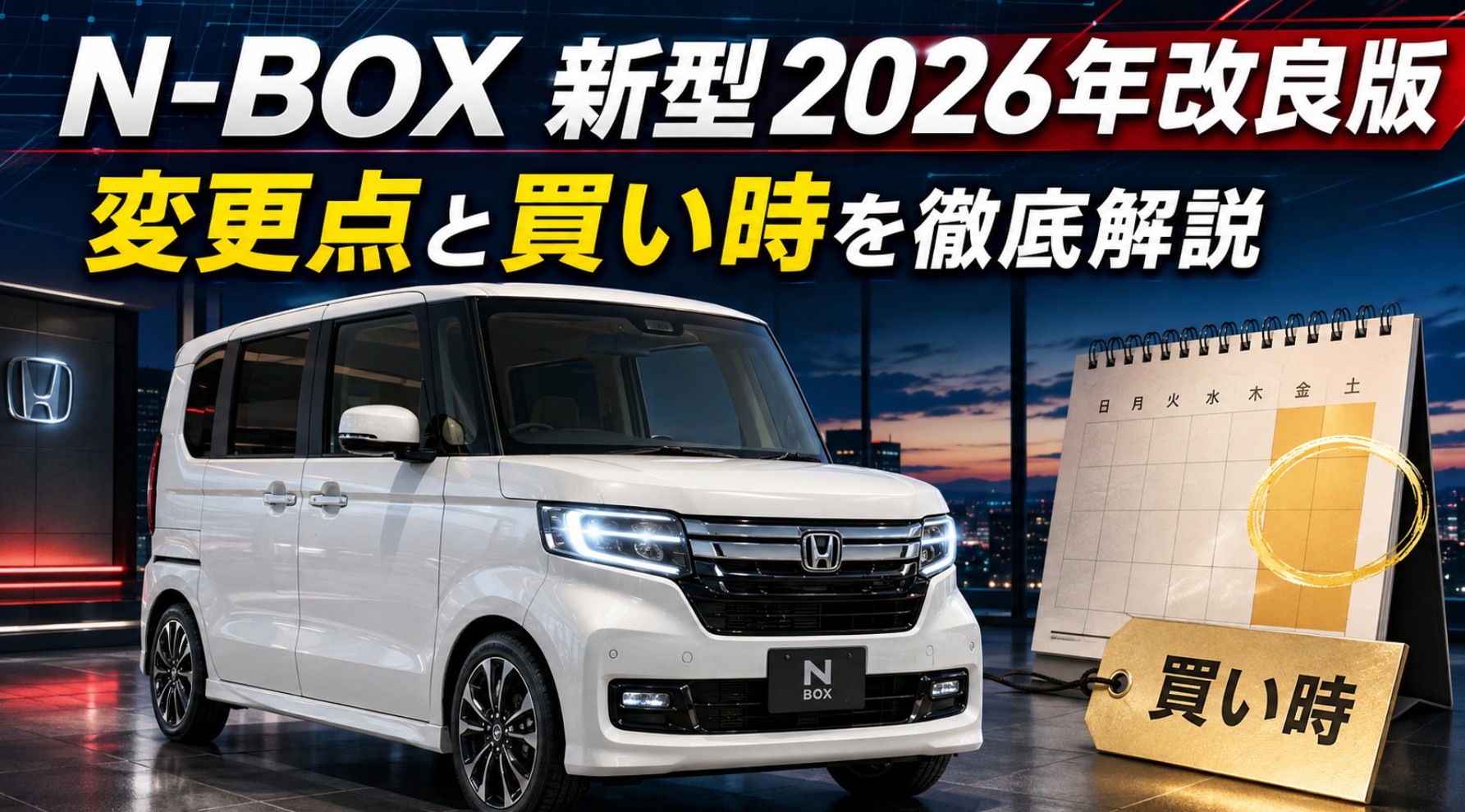 白いホンダN-BOXとカレンダーを背景に、2026年改良版の変更点と買い時を紹介するイメージ