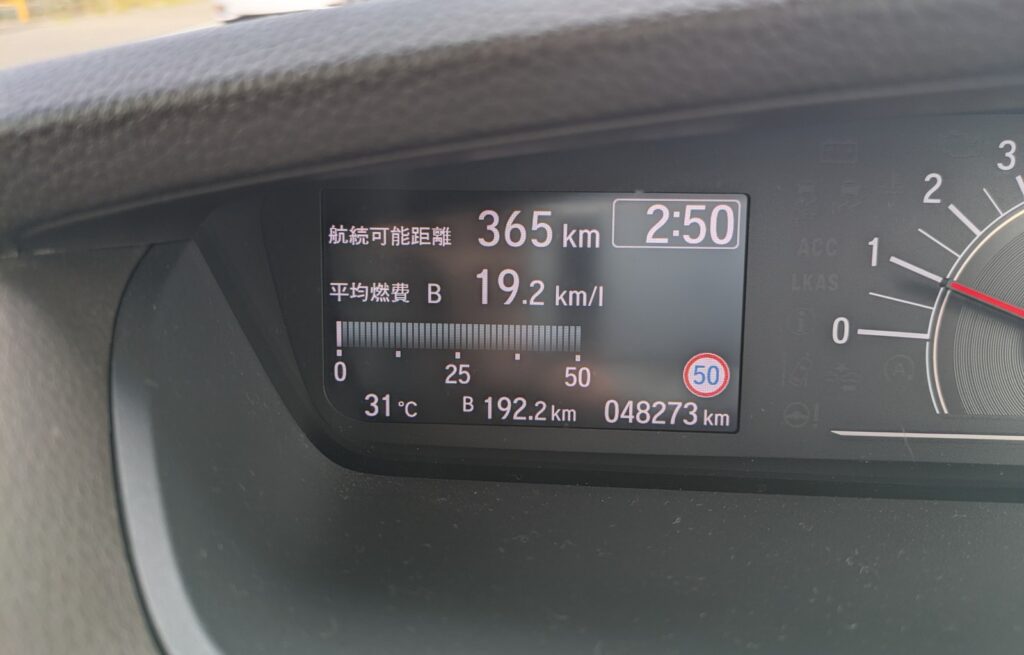 ホンダN-BOXのメーターに平均燃費19.2km/Lと表示された実車例