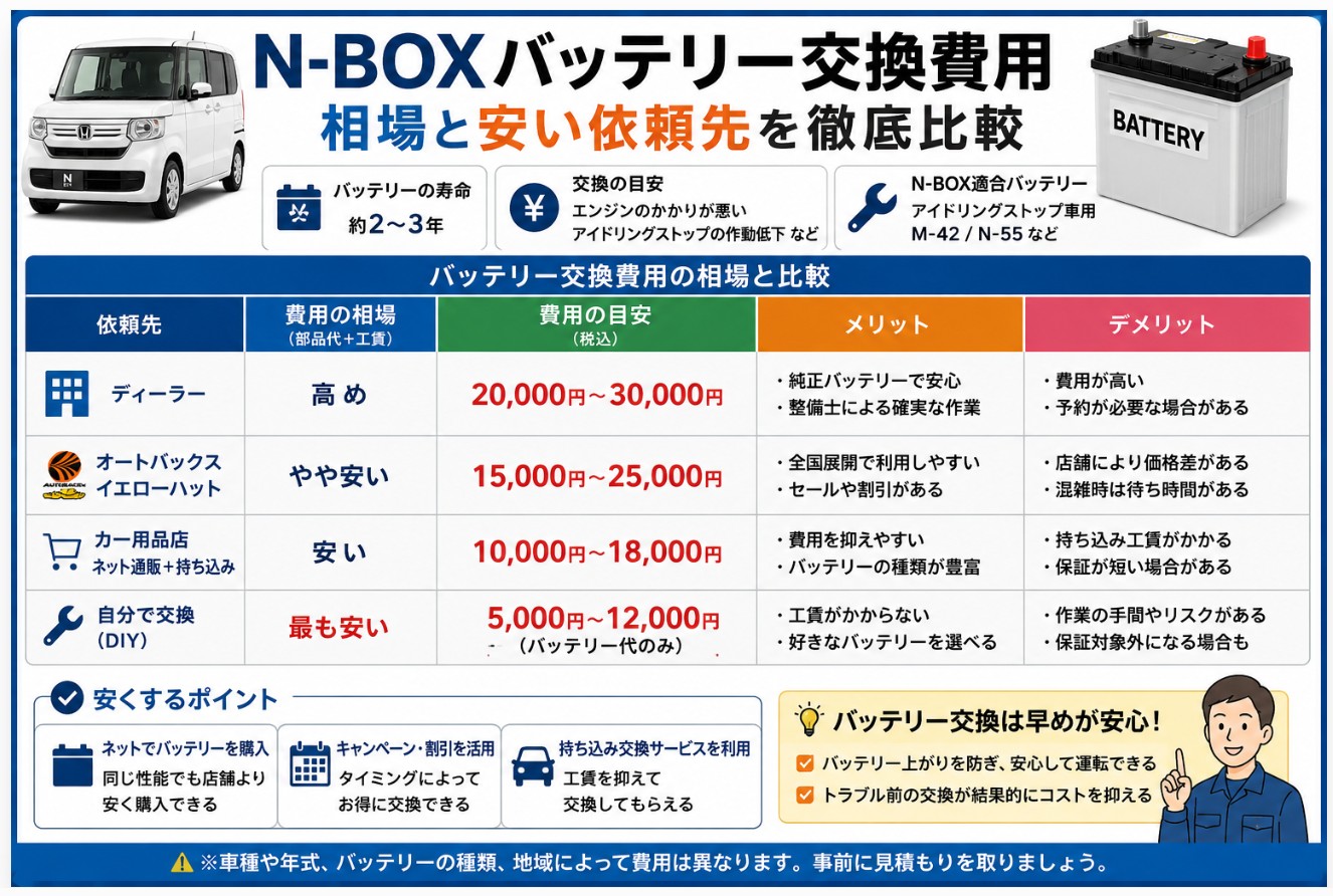 N-BOXのバッテリー交換費用をディーラー、カー用品店、ネット購入持ち込み、DIYで比較した相場解説画像