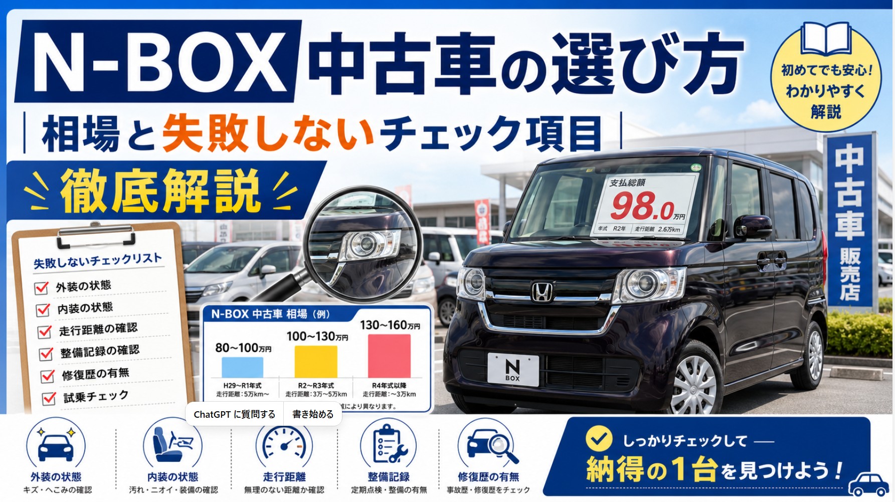 N-BOX中古車の選び方を解説する画像。中古車販売店のN-BOXと価格相場、外装・内装・走行距離・整備記録・修復歴など失敗しないためのチェック項目を紹介。