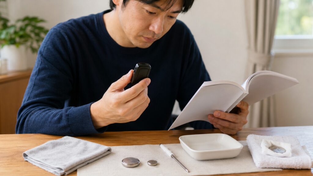N-BOXスマートキーの電池交換前にキーとボタン電池、工具を確認する日本人男性