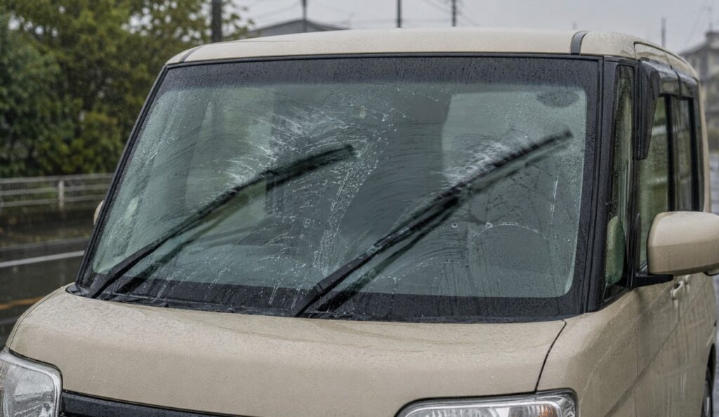雨天時にワイパーの拭き筋やにじみが残るN-BOX風の軽自動車のフロントガラス