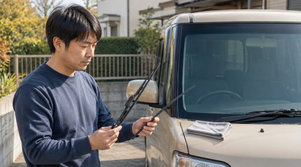 N-BOX風の軽自動車でワイパーブレードと替えゴムを確認し交換準備をする日本人男性