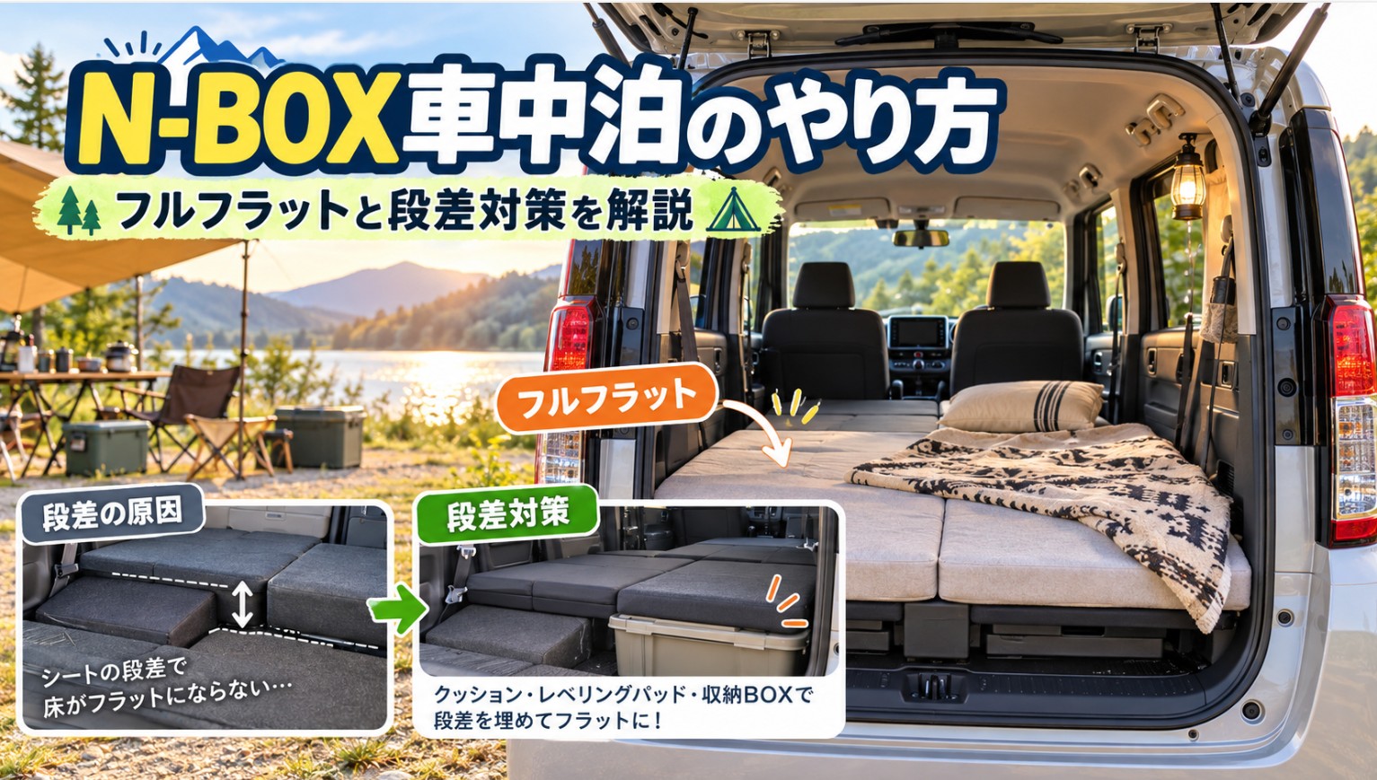 N-BOXの後部座席をフルフラットにして車中泊スペースを作り、クッションや収納ボックスで段差を解消する方法を示した画像。