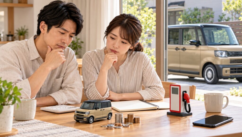 N-BOX JOYの価格と燃費、年間燃料費を比較するイメージ