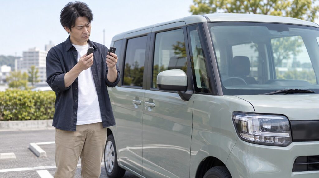 N-BOXの主キーと予備キーを見比べ、ドアが開かない原因を確認する日本人男性