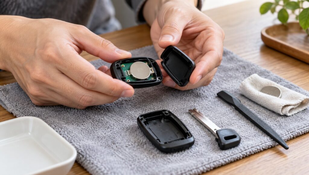 N-BOXスマートキーのケースを開き、内部のコイン電池を確認しながら交換する手元