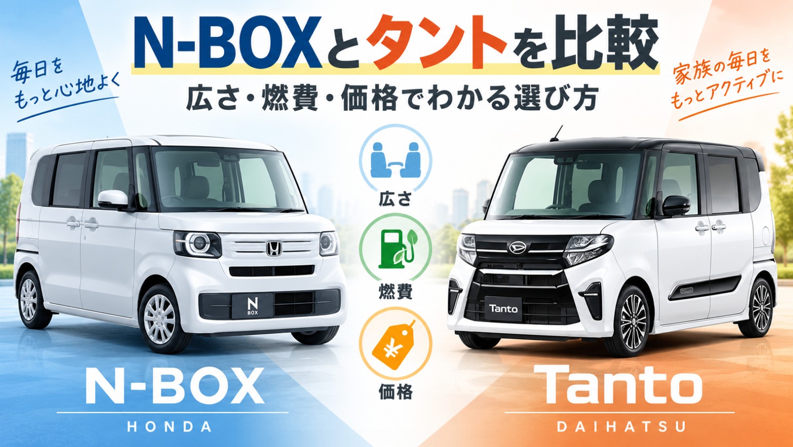 ホンダN-BOXとダイハツ・タントを並べ、広さ・燃費・価格の3項目で比較した軽自動車の比較イメージ