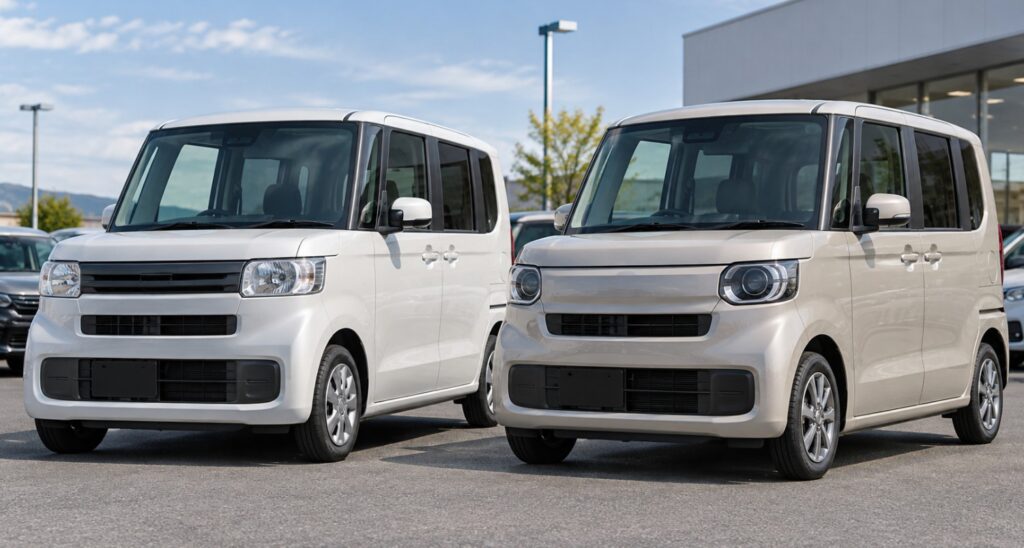 N-BOXの2代目と3代目を比較するイメージ。中古車販売店で旧型と新型の軽ハイトワゴンが並ぶ様子