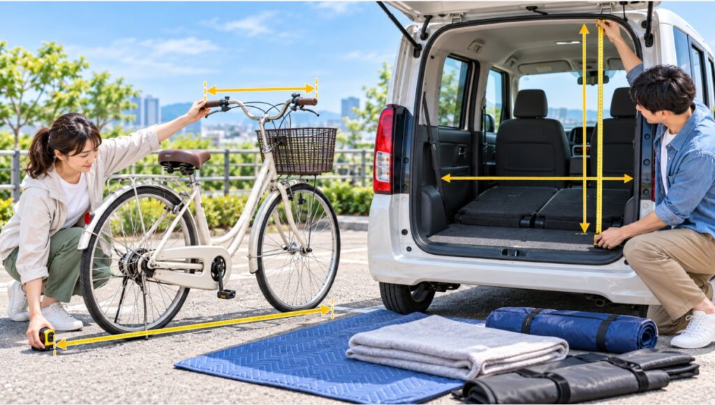 N-BOXへの自転車積載前に自転車の外寸と荷室開口部をメジャーで測る様子