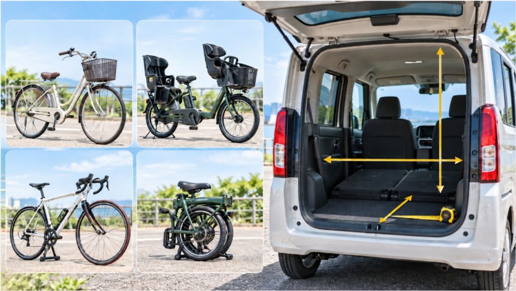 N-BOXに積む自転車の種類と後席を倒した荷室サイズを比較するイメージ