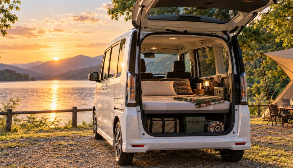 N-BOXの車内をフルフラット化し、湖畔のキャンプ場で車中泊仕様に整えた寝床と収納の全体イメージ。