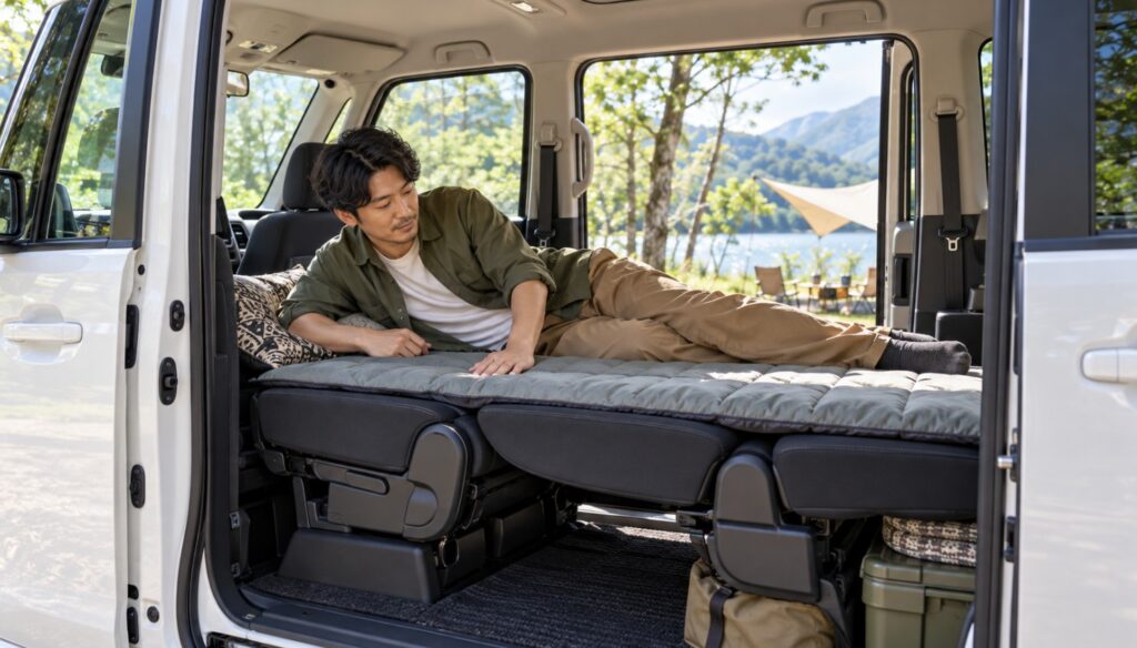 N-BOXの前席を後ろへ倒してフルフラットに近い寝床を作り、日本人男性が車中泊の寝心地を確認している様子。