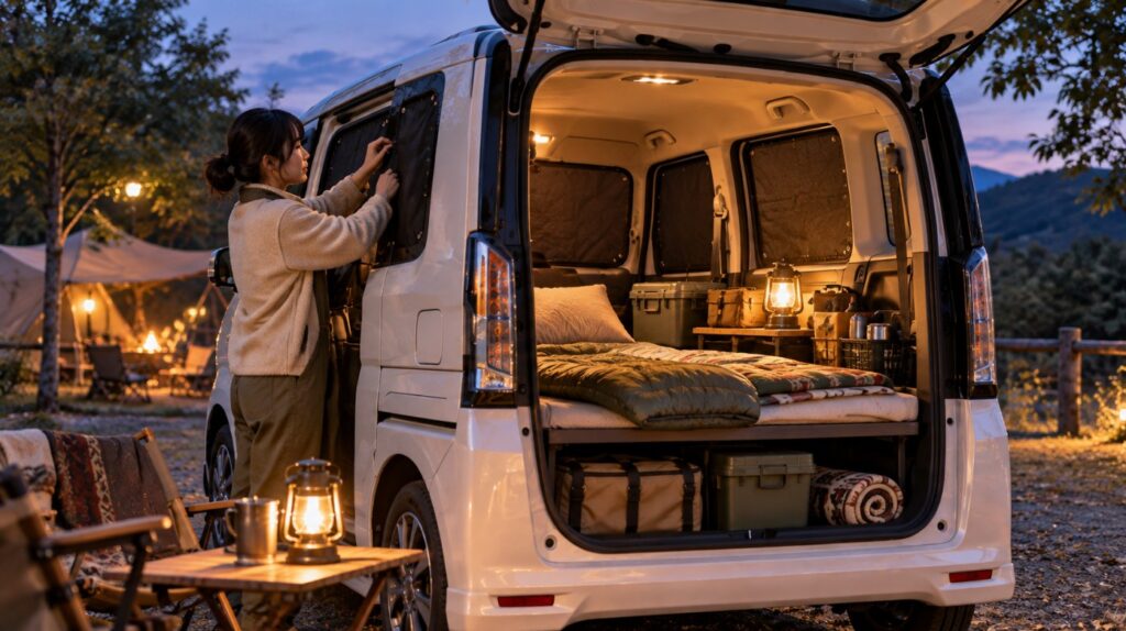 夜のキャンプ場で、日本人女性がN-BOXの窓にシェードを取り付け、車中泊の遮光対策をしている様子。