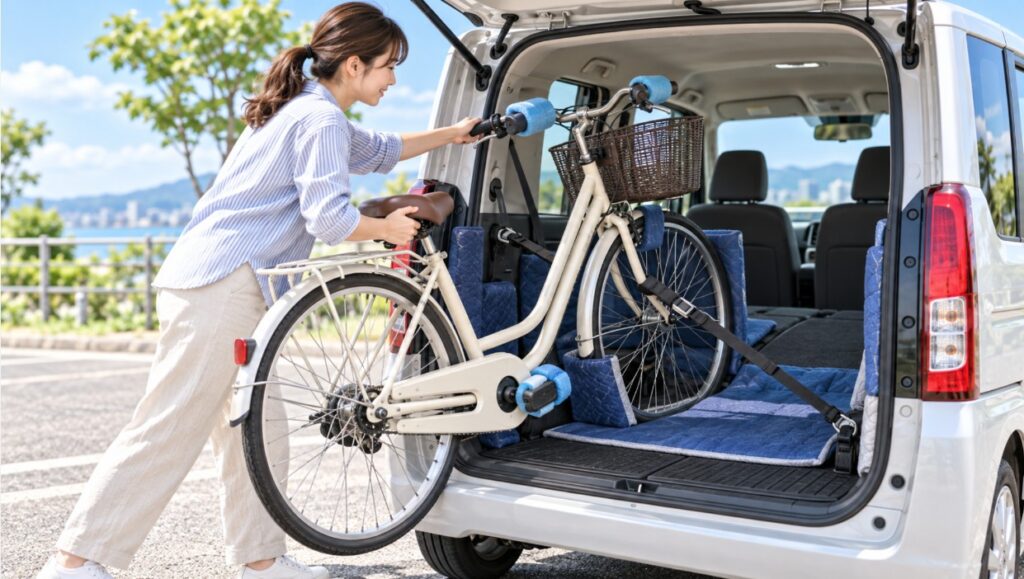 N-BOXの荷室を養生し、シティサイクルを斜めに積み込んで固定する様子