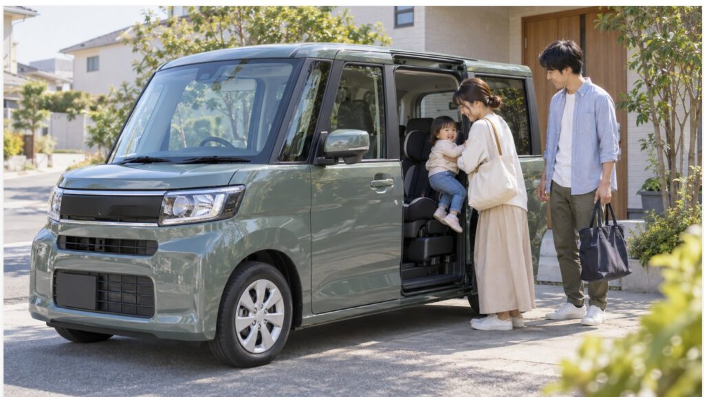 N-BOXを家族で利用するイメージ。スライドドアから子どもを後席へ乗せる日本人家族の様子