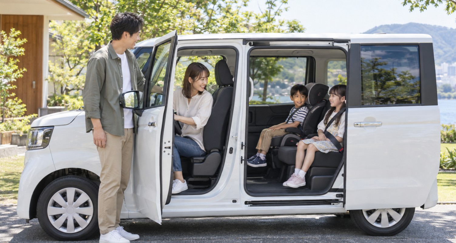 N-BOXの後部座席に子ども2人が座る日本人家族4人の乗車イメージ