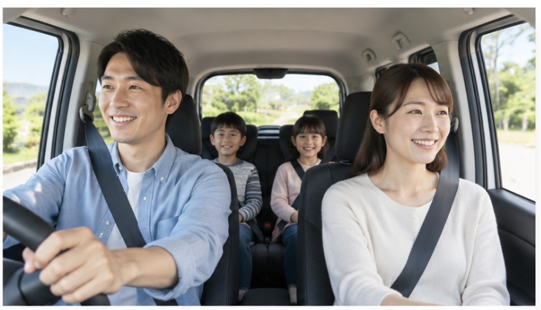N-BOXに大人2人と子ども2人の家族4人が乗車している車内