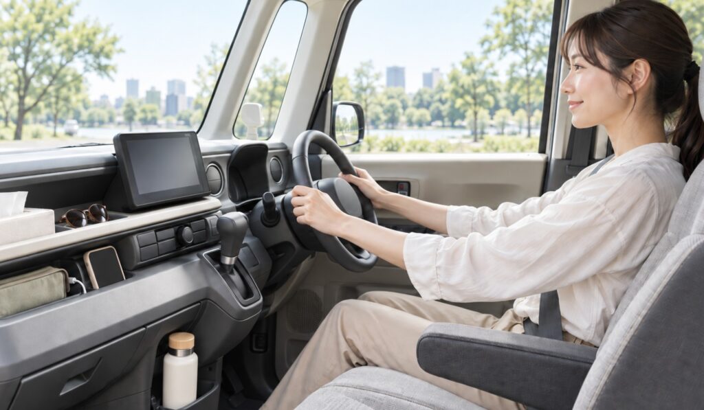 N-BOXの車内収納にティッシュやスマートフォン、ボトルを整理した運転席