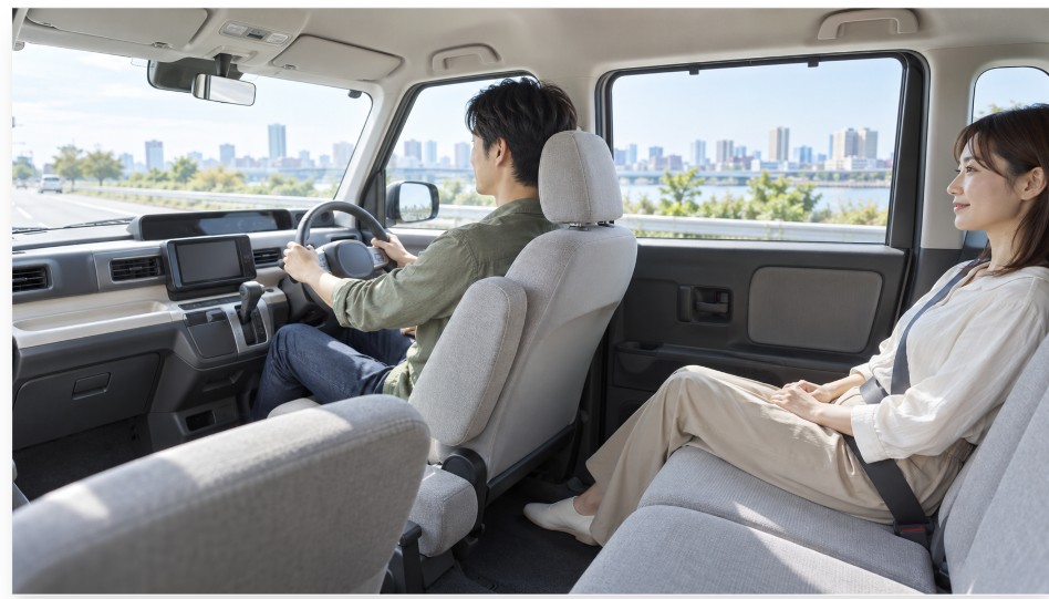 N-BOXの室内空間と運転席の視界を確認するイメージ。運転席と後席の広さや座りやすさを比較