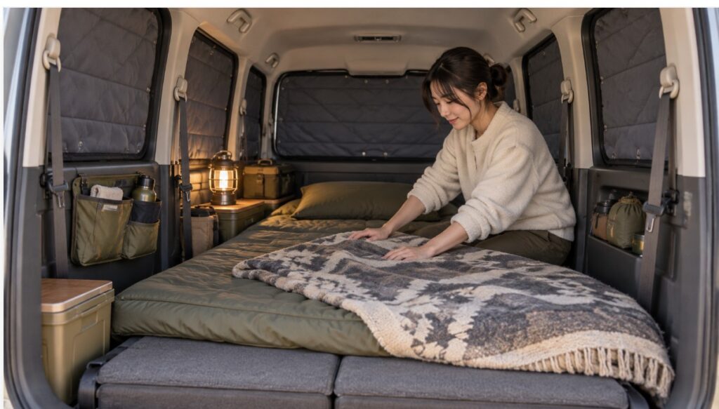 N-BOX JOYの車中泊を想定し、全窓シェードとマット、毛布で寝床を準備する女性