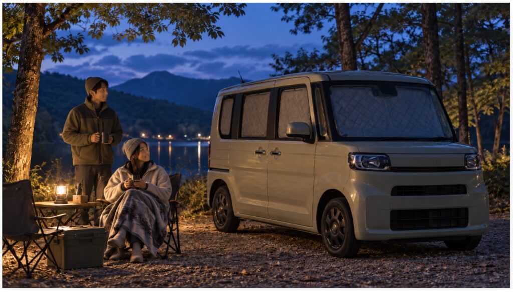 N-BOX JOYの車中泊を想定し、湖畔のキャンプ場で安全に宿泊準備をする日本人男女