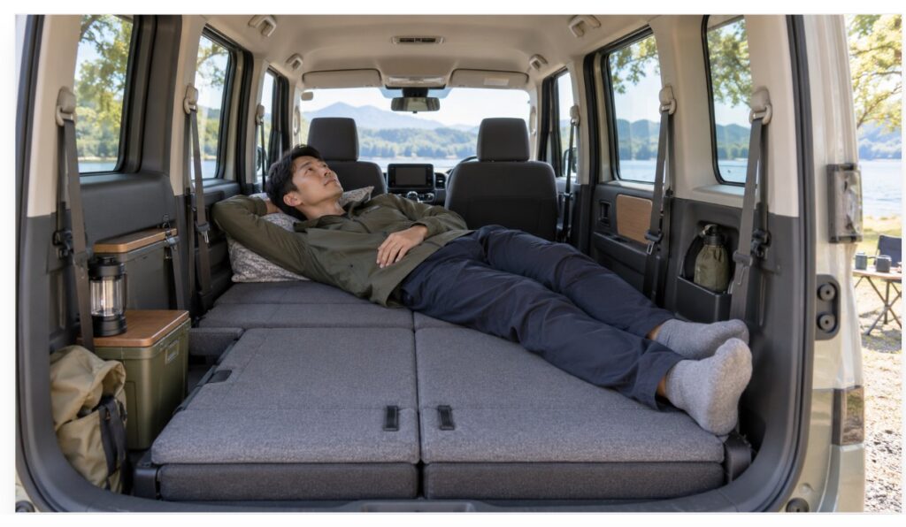 N-BOX JOYの車中泊を想定し、フラットな車内で寝る向きと足元の長さを確認する男性