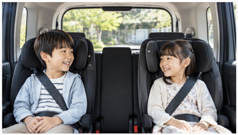N-BOXの後部座席左右にシートベルトを着けて座る子ども2人