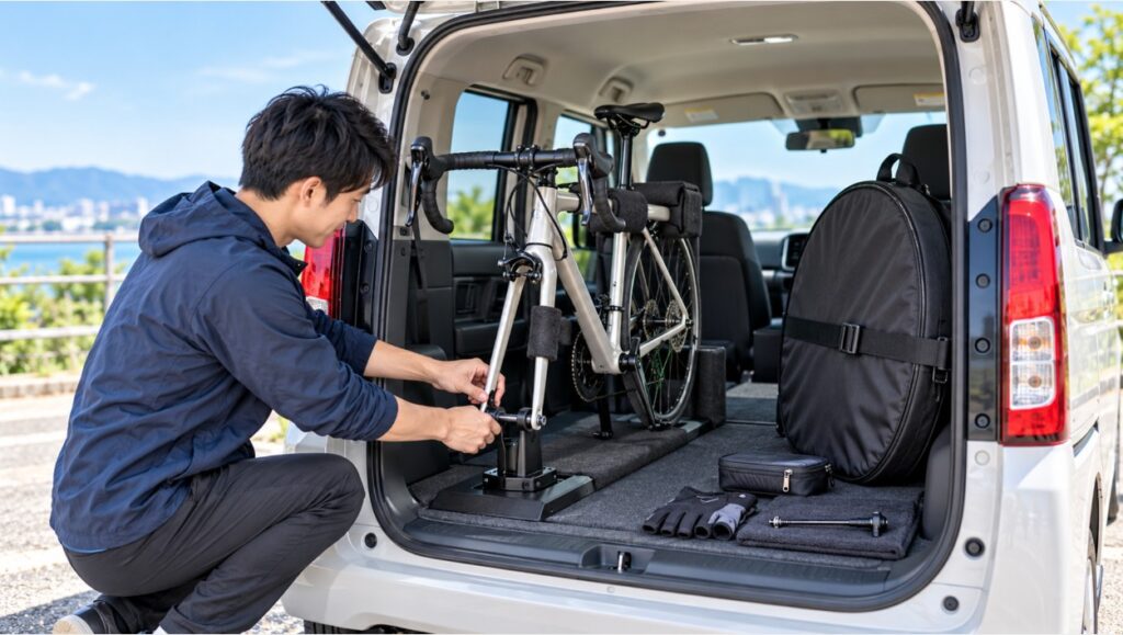 N-BOXに前輪を外したロードバイクをフォーク固定具で固定し、車輪を別収納する様子