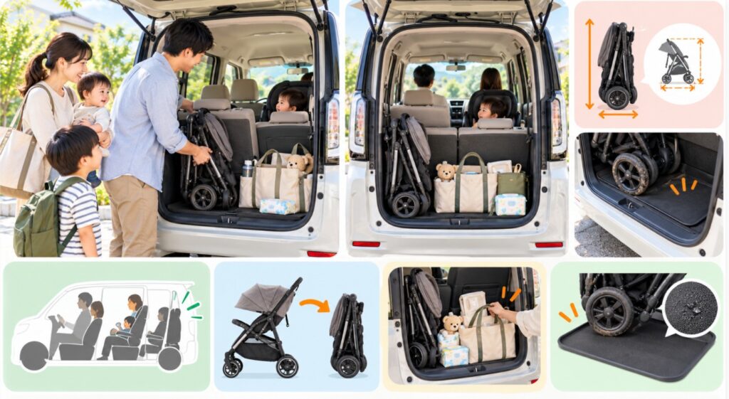 N-BOXの荷室に買い物や旅行用品を積み、重い荷物を下に置く配置や固定、後方視界を確認する例