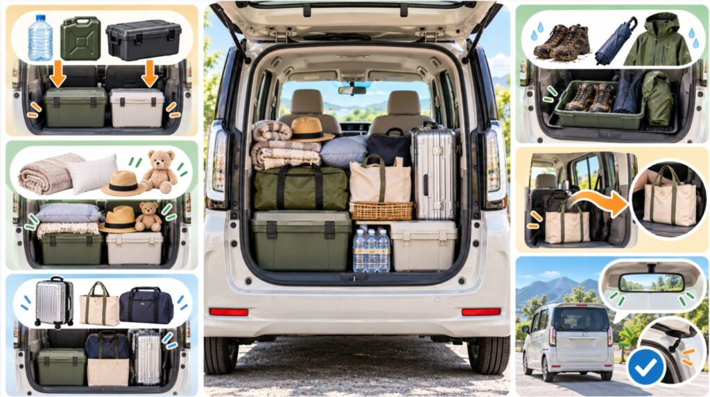 N-BOXに家族4人で乗車しながら折りたたみベビーカーと育児用品を積む方法を示した図