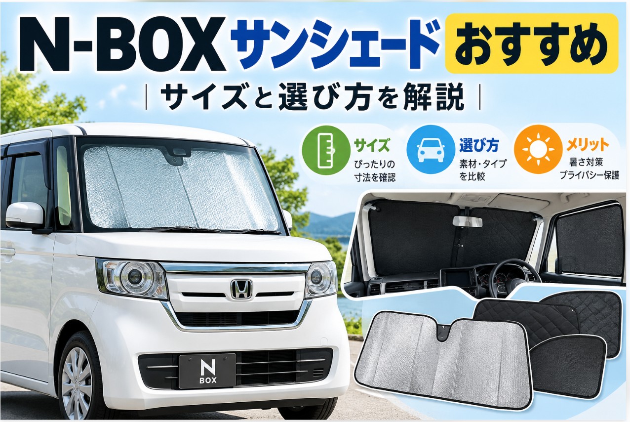 N-BOX用サンシェードのおすすめを紹介する画像。フロントガラス装着例と各種サンシェードを掲載し、サイズや選び方、暑さ対策を解説。