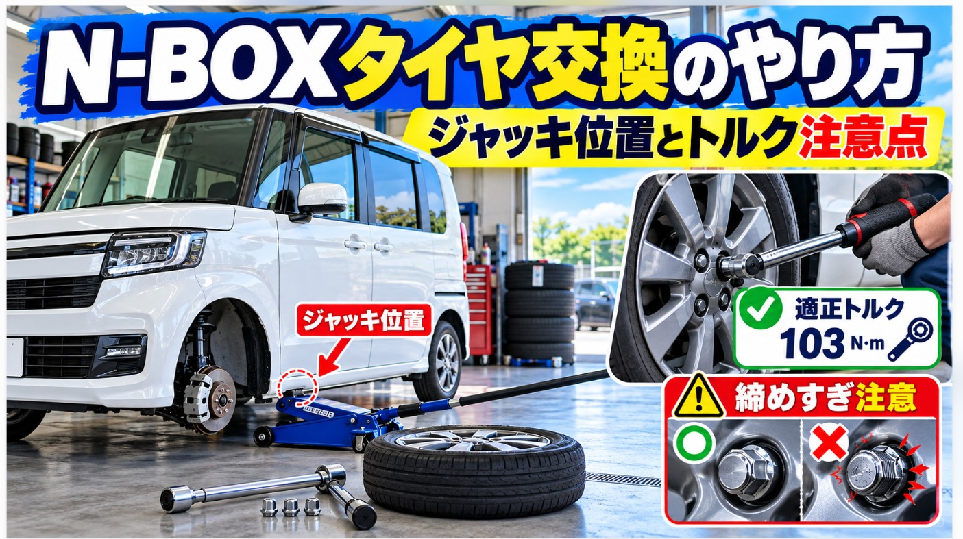 N-BOXのタイヤ交換のやり方を解説する画像。ジャッキ位置とトルクレンチによるホイールナットの締め付け、適正トルクの注意点を紹介