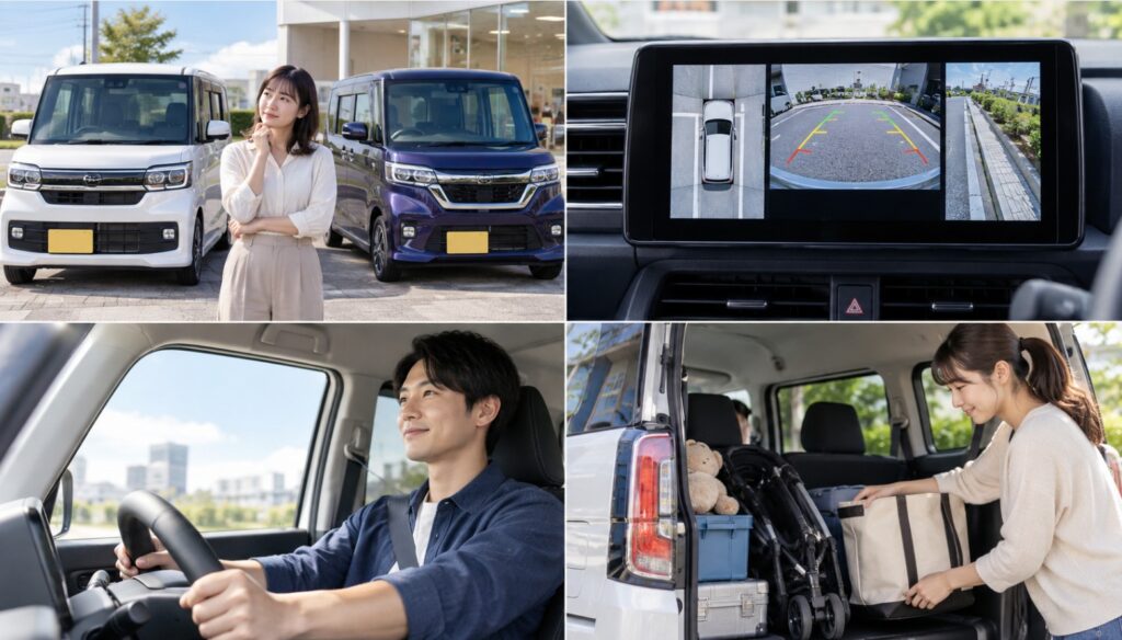 N-BOXとルークスの駐車支援カメラや運転のしやすさ、荷室を比較するイメージ