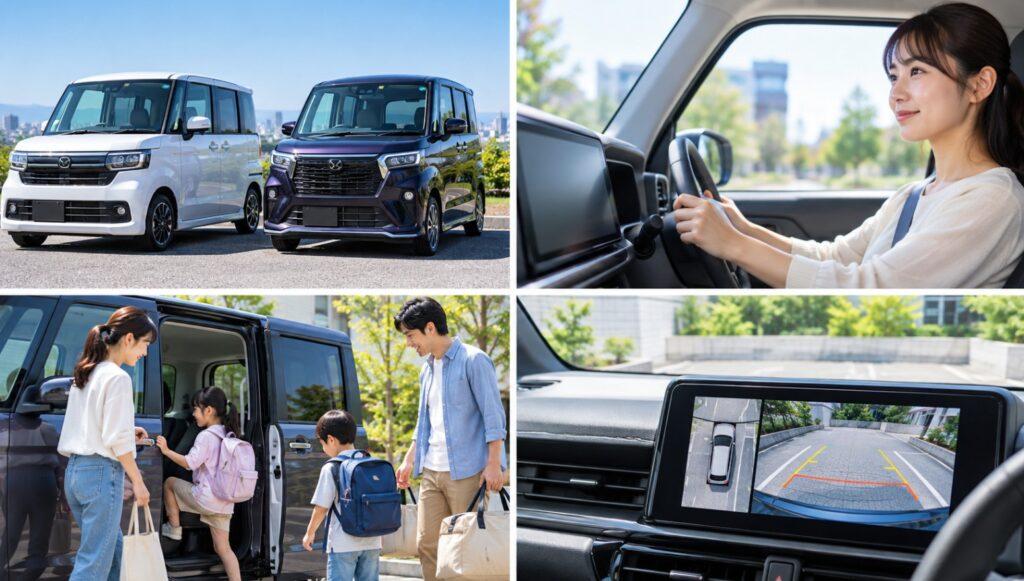 N-BOXとルークスの運転視界やスライドドアでの家族の乗り降りを比較するイメージ